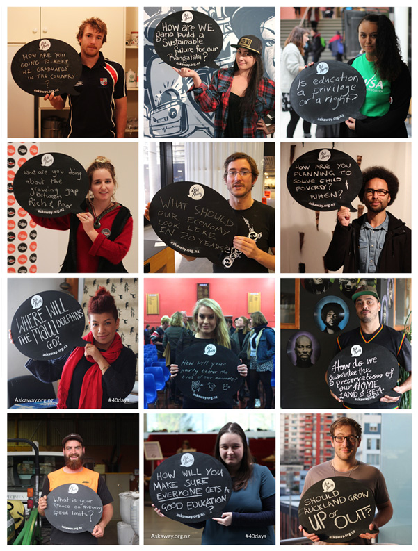 Range of young people holding their questions on a chalkboard.