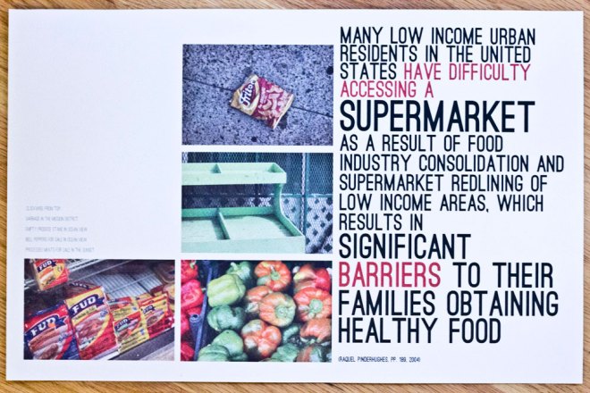 Photos of empty vegetable stalls and junk food wrappers.