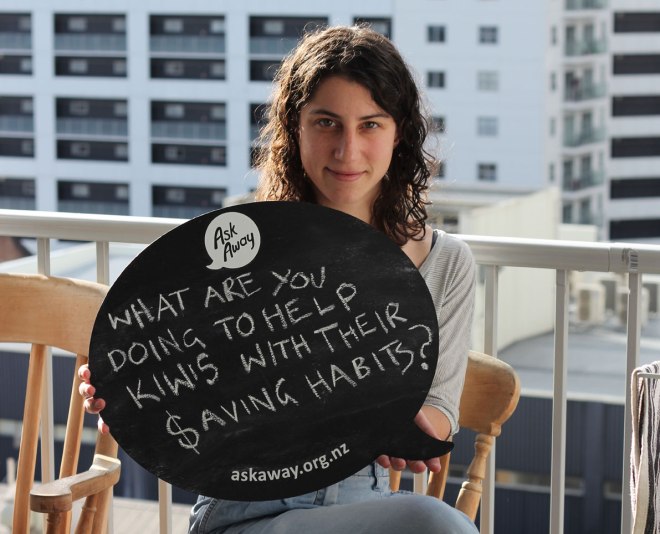 Young woman with her question: What are you doing to help Kiwi's with their saving habits?
