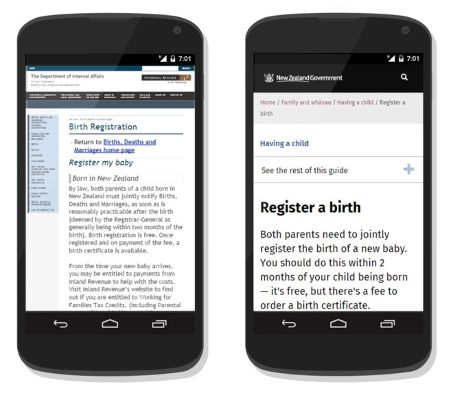 Mobile screenshots of the site before and after